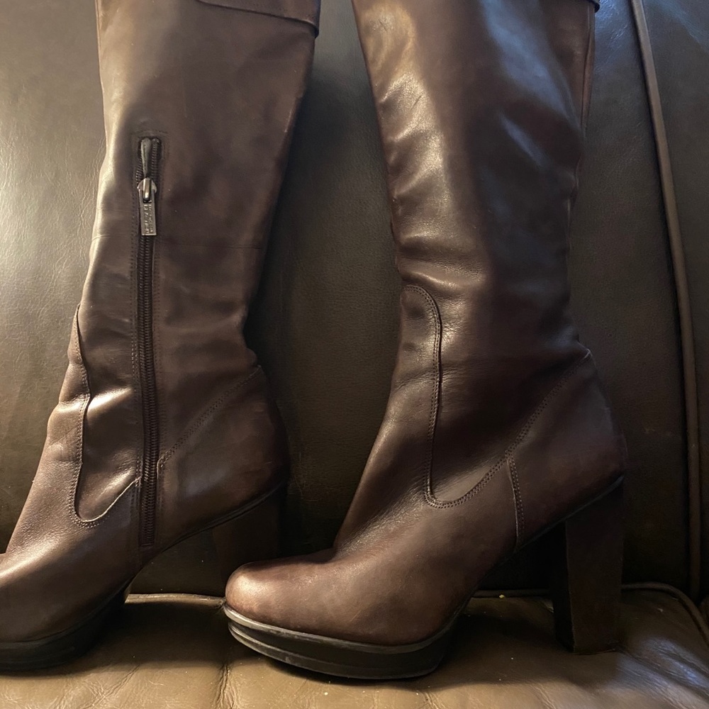 Brown leather platform boots.
